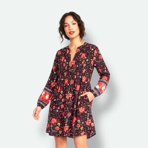 Old Navy Black Floral Long-Sleeve Mini Dress with Red and Pink Accents